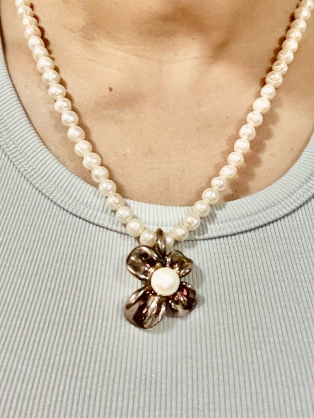 Silver Floral Pearl Pendant / Enhancer .925 Silver